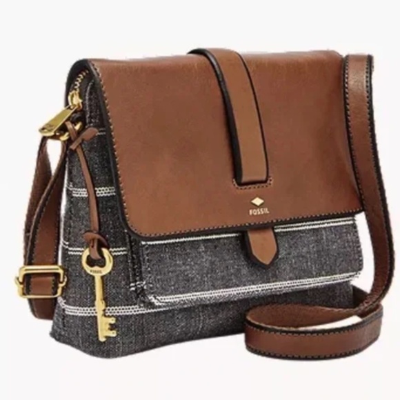 Fossil Handbags - Fossil Kinley Leather & Canvas Crossbody Bag Brown/Charcoal Cream Stripes